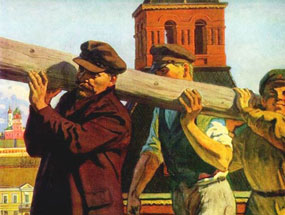 'Lenin auf dem Allerrussischen Subbotnik im Kreml' gemalt von W.S. Iwanow